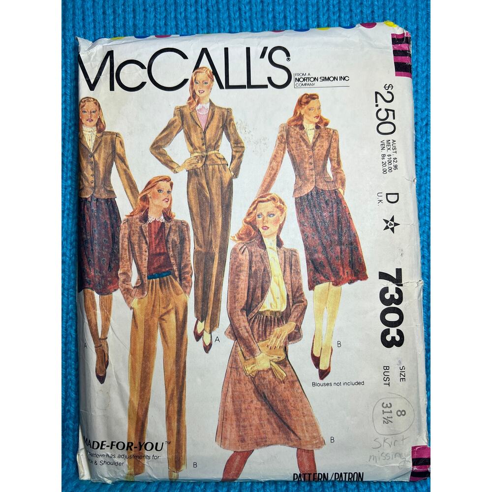 McCalls 7303 Sewing pattern suit blazer pant 1980s size 8